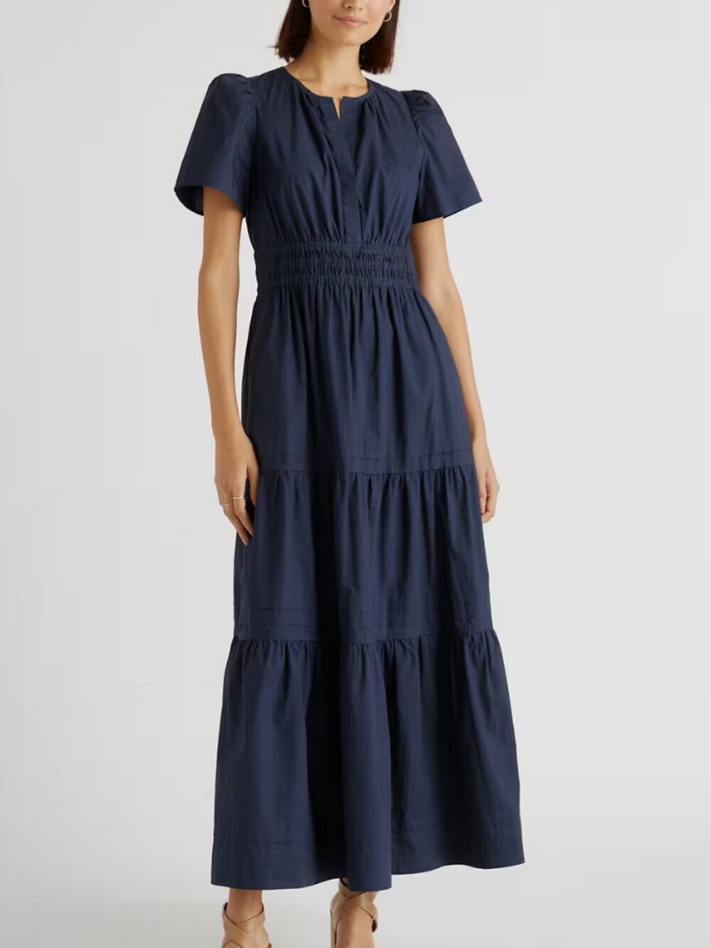 Quince 100% Organic Cotton Tiered Maxi Dress in Navy Blue